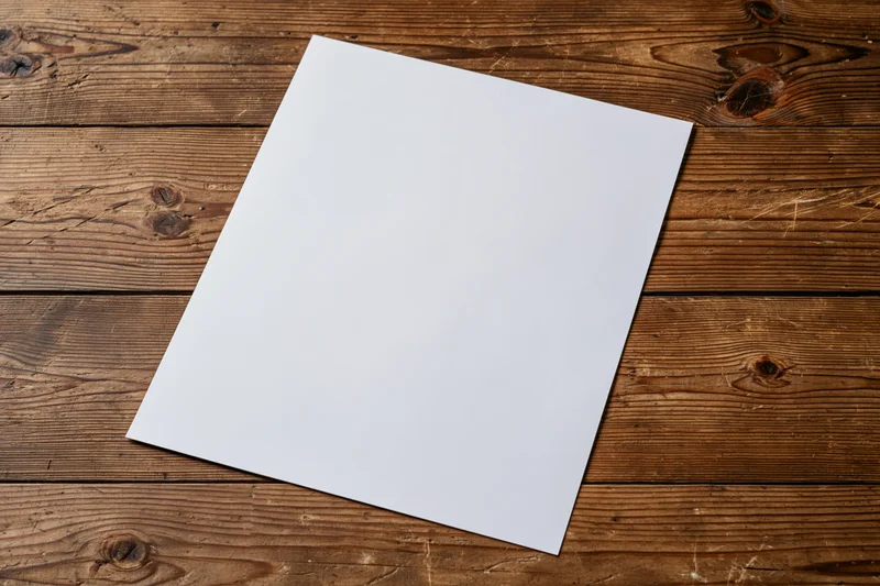 Blank white paper sheet lying flat on rustic wooden surface