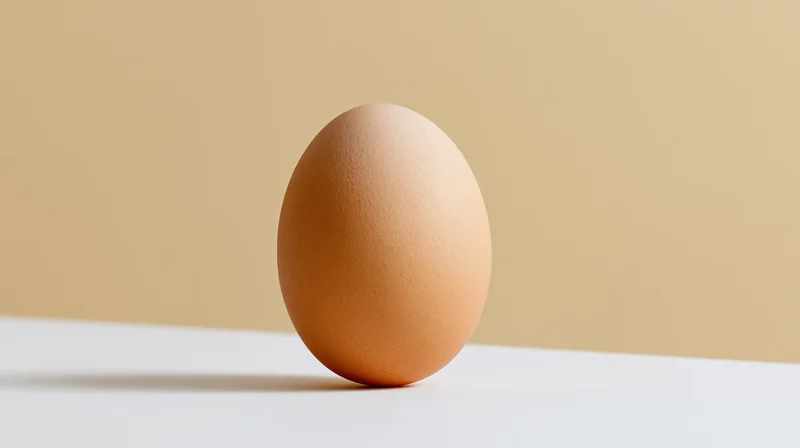 Single brown chicken egg resting on white surface against beige background