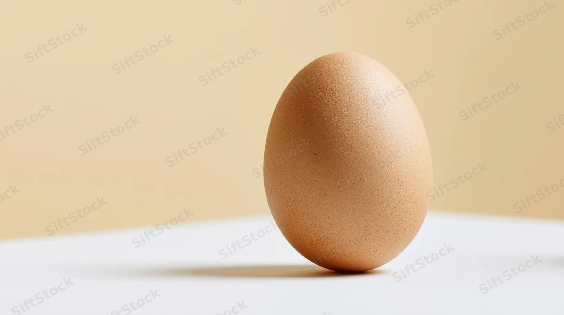 A brown chicken egg resting on a white flat surface in a studio setting