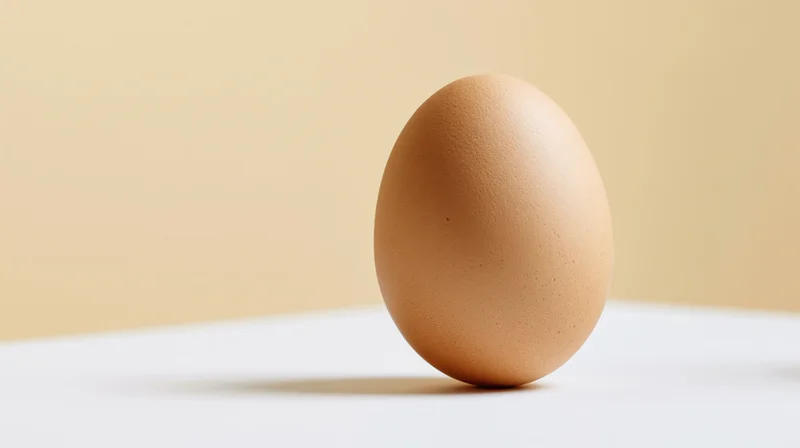 A brown chicken egg resting on a white flat surface in a studio setting