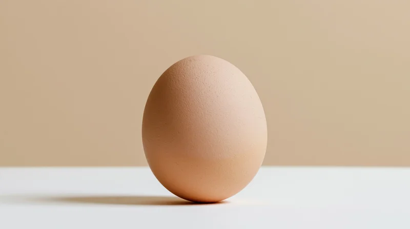 A brown chicken egg resting on a white surface in a studio setting