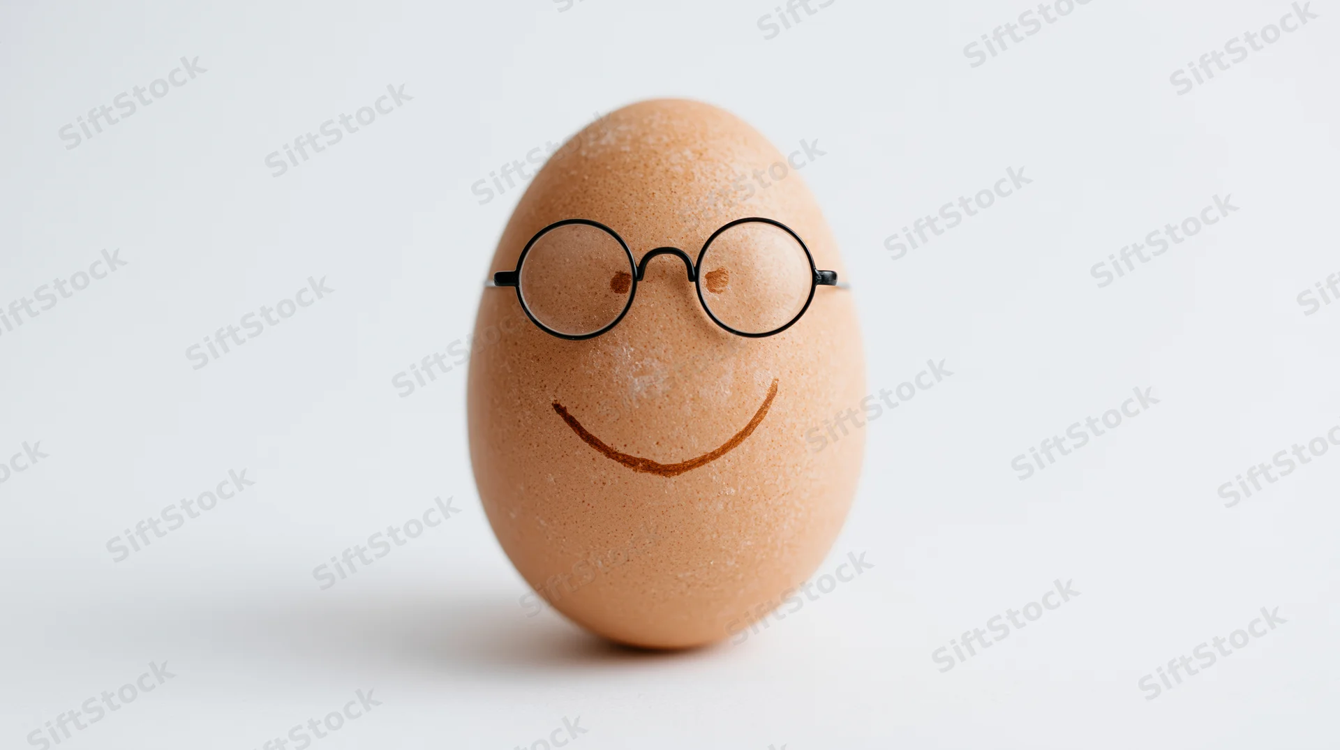 Brown chicken egg with drawn smile and round glasses standing upright on white surface