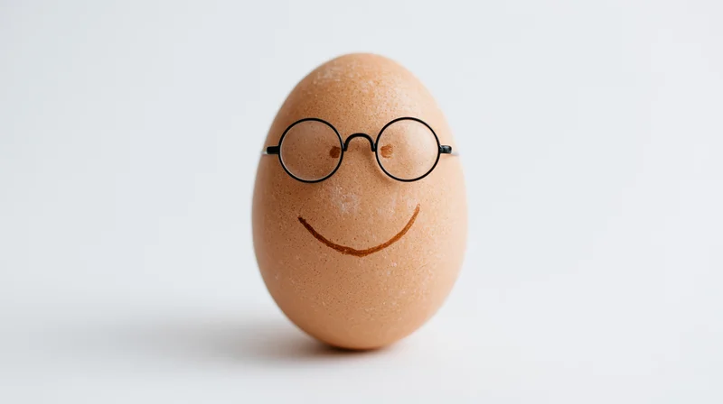 Brown chicken egg with drawn smile and round glasses standing upright on white surface