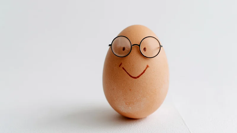 Brown chicken egg with round glasses and a smiling face standing upright on a white surface