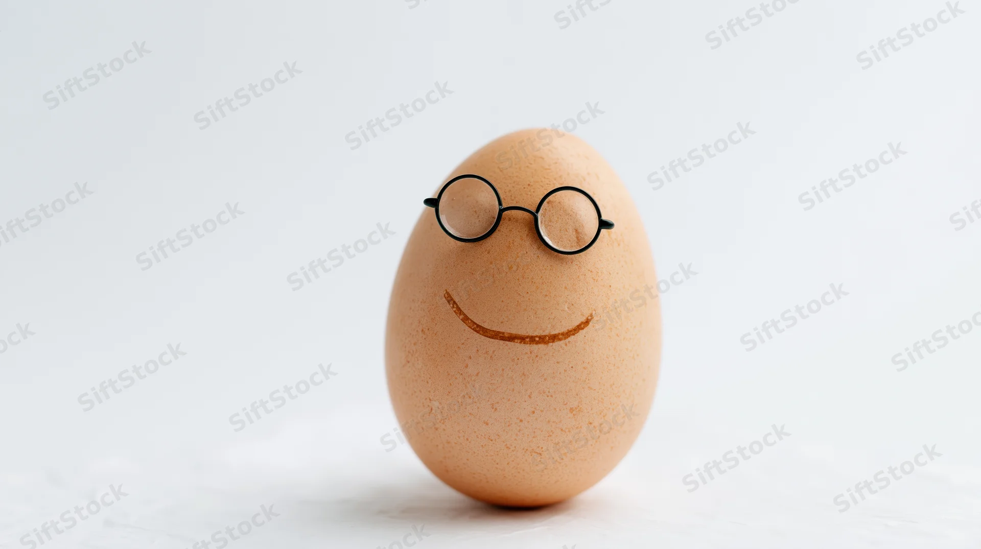 Brown chicken egg standing upright with smiling face and round glasses on white background