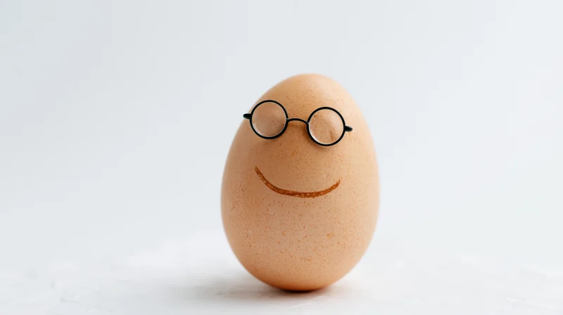Brown chicken egg standing upright with smiling face and round glasses on white background