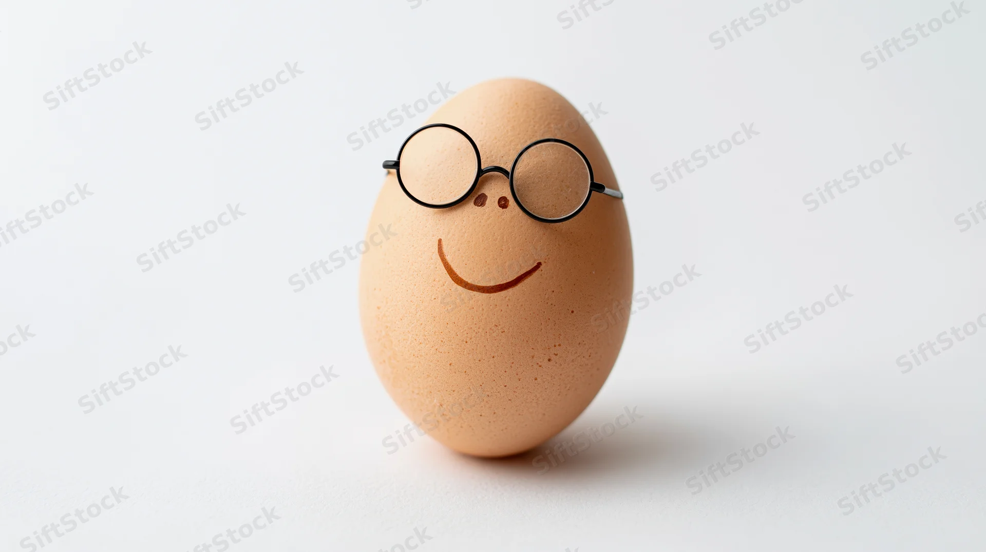 Brown chicken egg with glasses and smile standing upright on white background