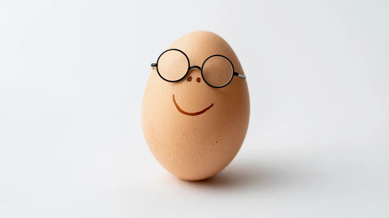 Brown chicken egg with glasses and smile standing upright on white background