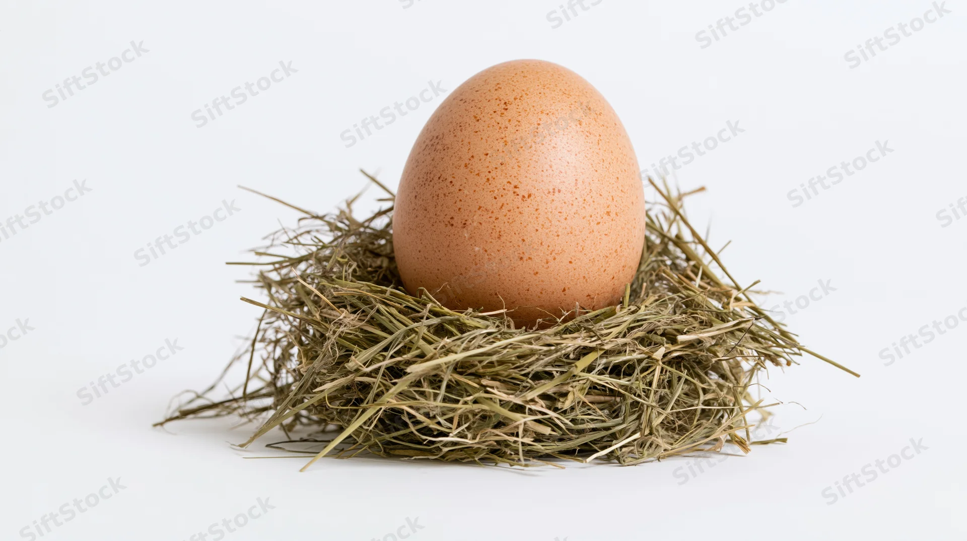 Brown speckled chicken egg resting upright in a small hay nest on white background