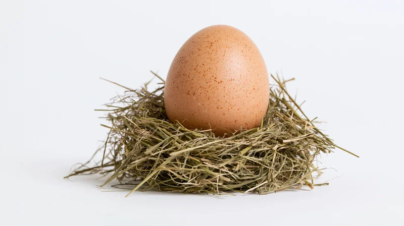 Brown speckled chicken egg resting upright in a small hay nest on white background