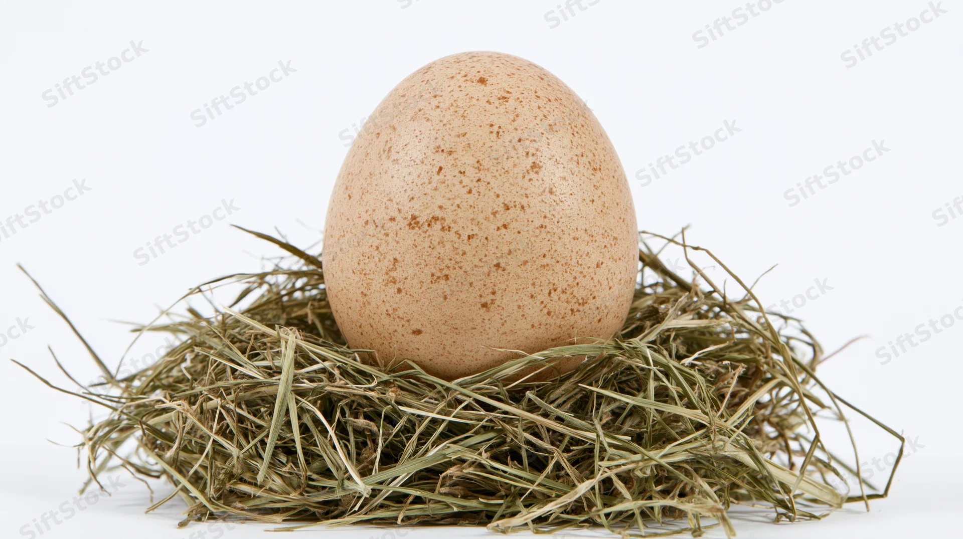Brown speckled chicken egg resting upright in a small nest of hay on white background