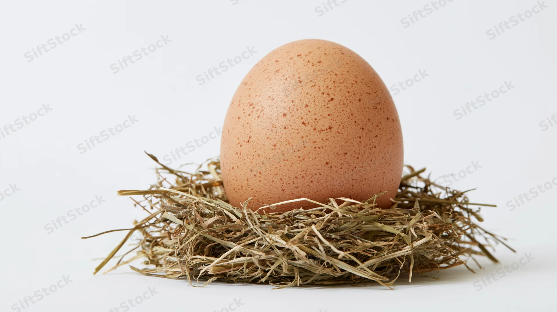 Brown speckled chicken egg resting upright in a small straw nest on white background