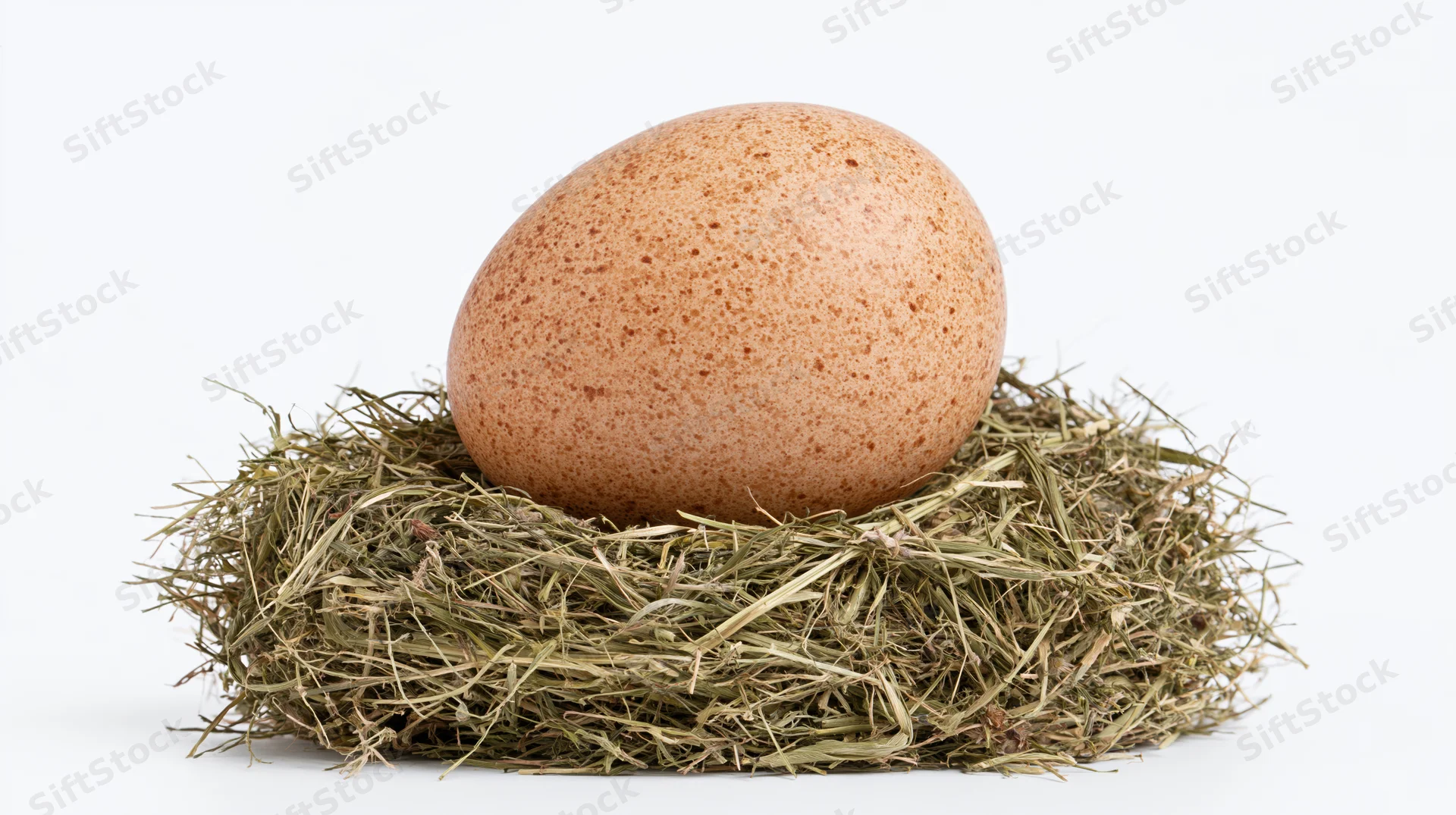 Brown speckled chicken egg resting upright in a hay nest on white background