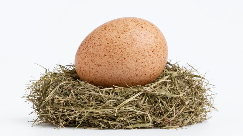 Brown speckled chicken egg resting upright in a hay nest on white background