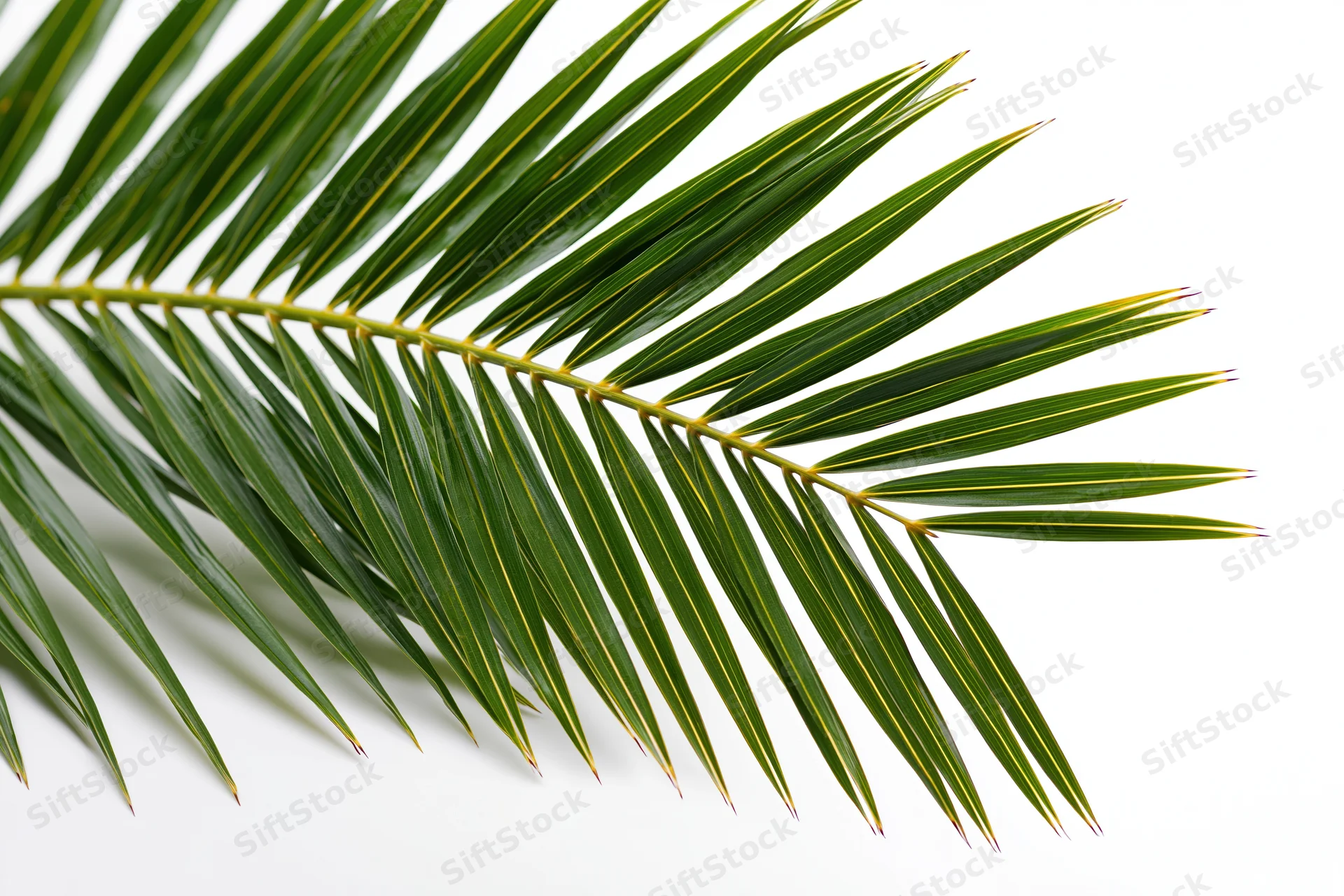 Coconut palm frond arching diagonally across white background
