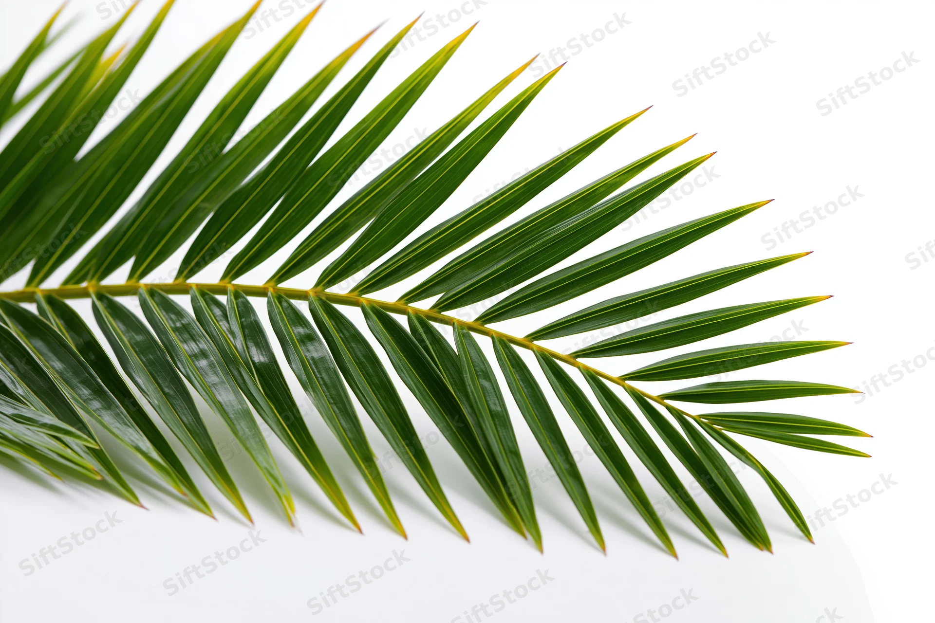 A single coconut palm frond arching diagonally across a white background