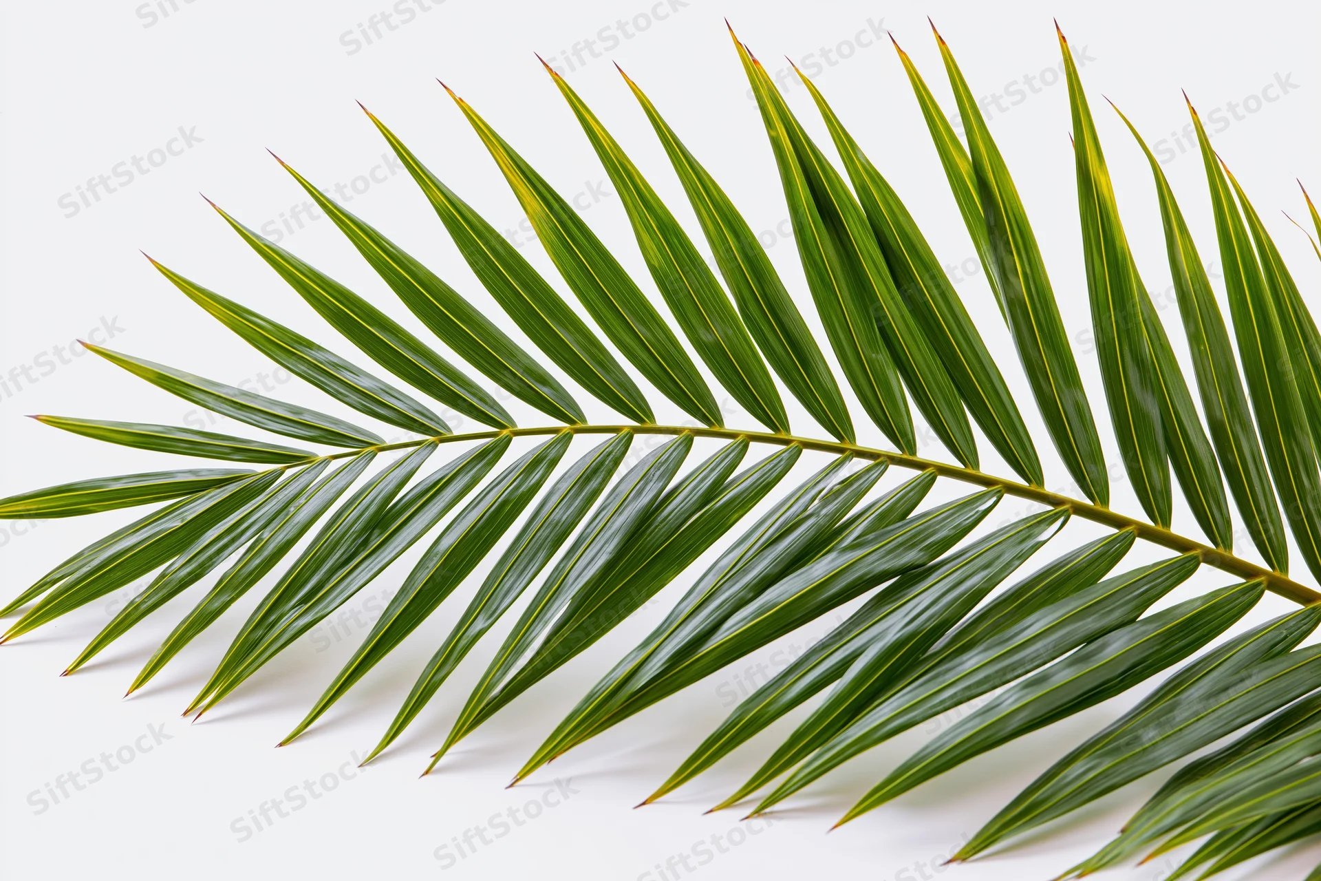 Single coconut palm frond arching diagonally across white background