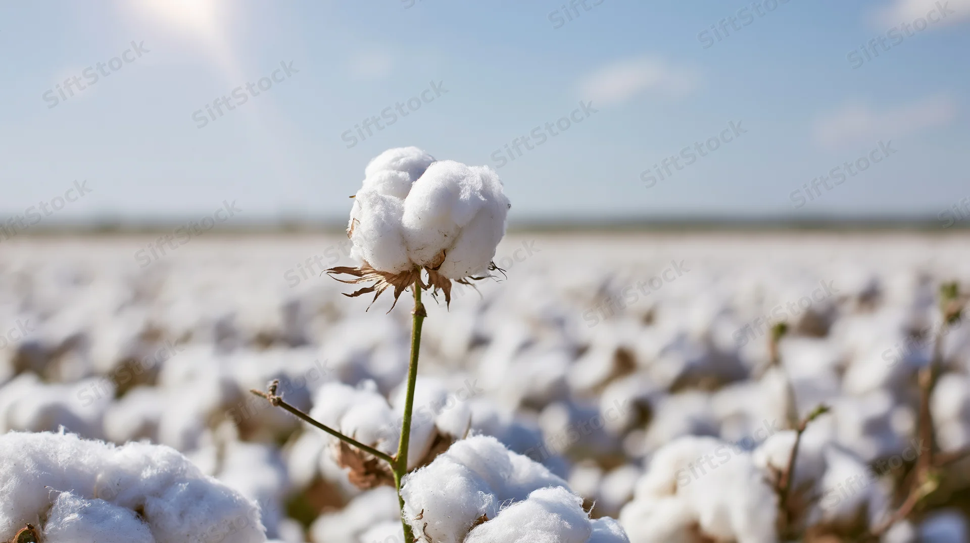 Single cotton boll in focus rising above a vast field under bright sky