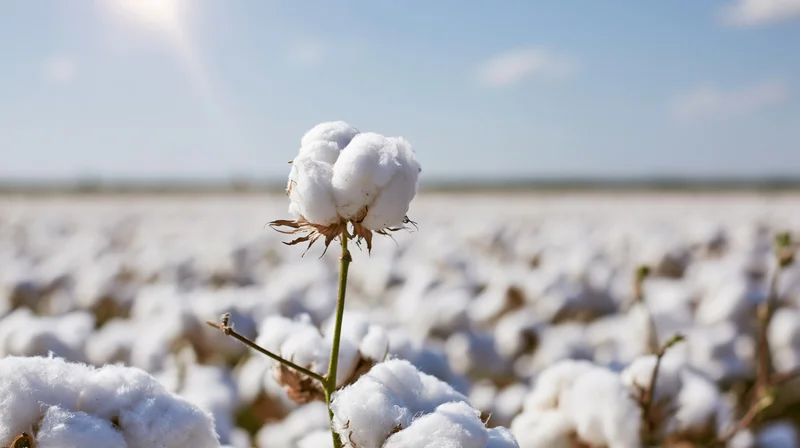 Single cotton boll in focus rising above a vast field under bright sky