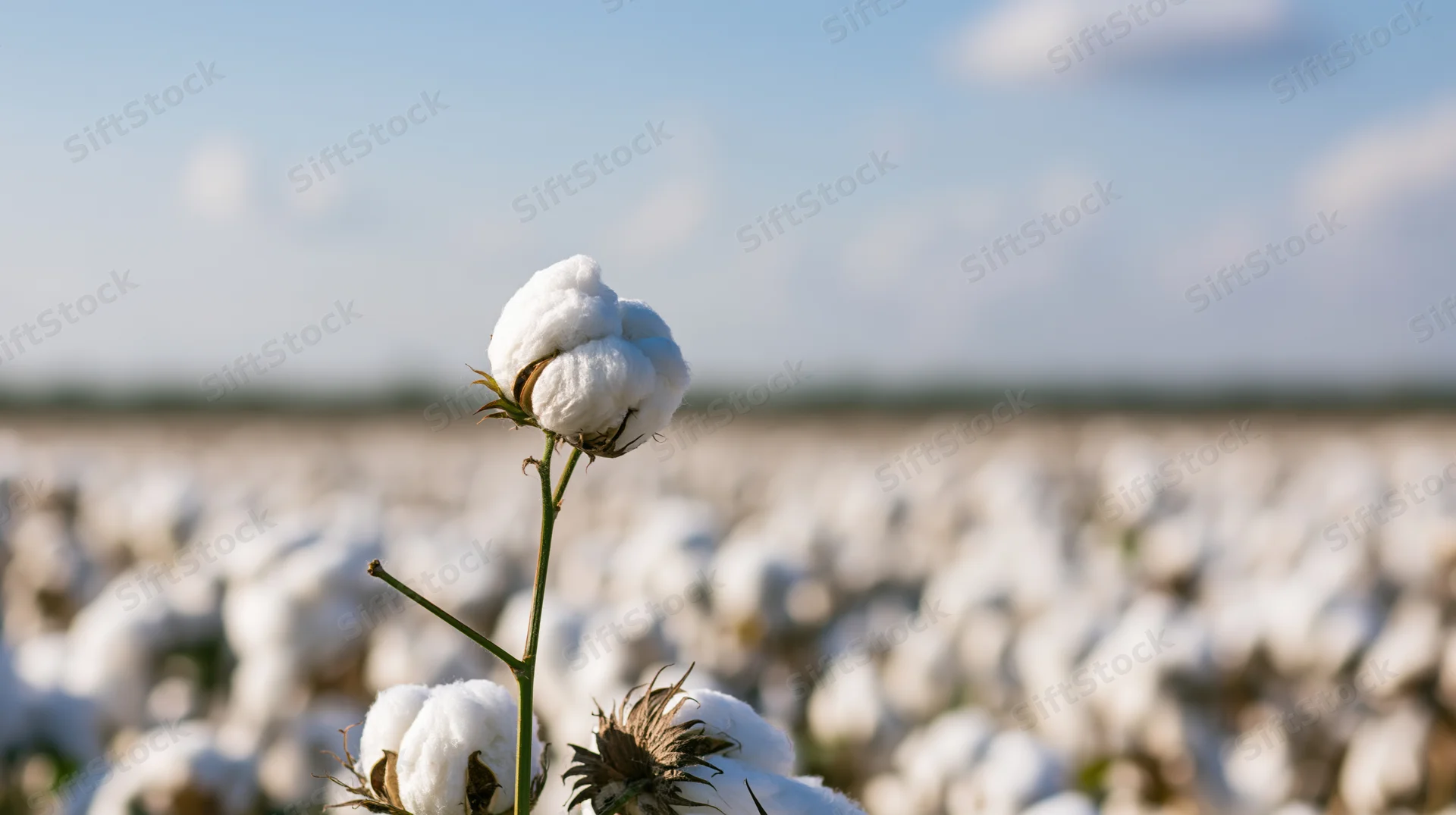Close-up of a single cotton boll in focus rising above a vast cotton field under a blue sky