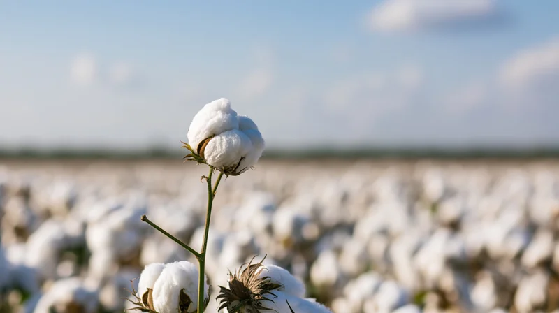 Close-up of a single cotton boll in focus rising above a vast cotton field under a blue sky