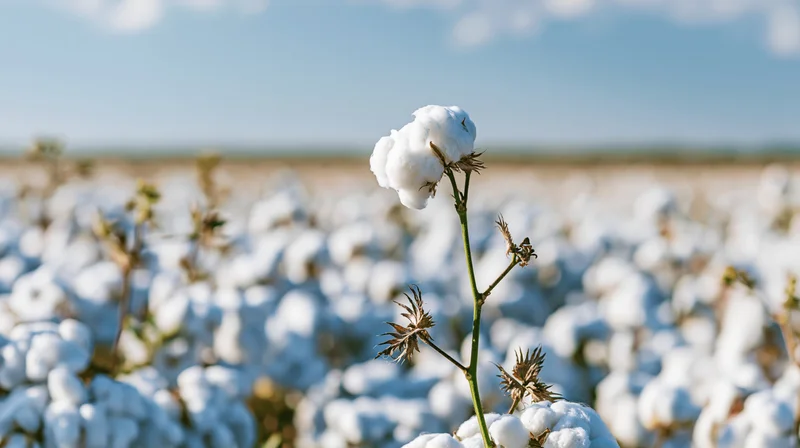 Single cotton boll in sharp focus rising above a vast open field under a blue sky