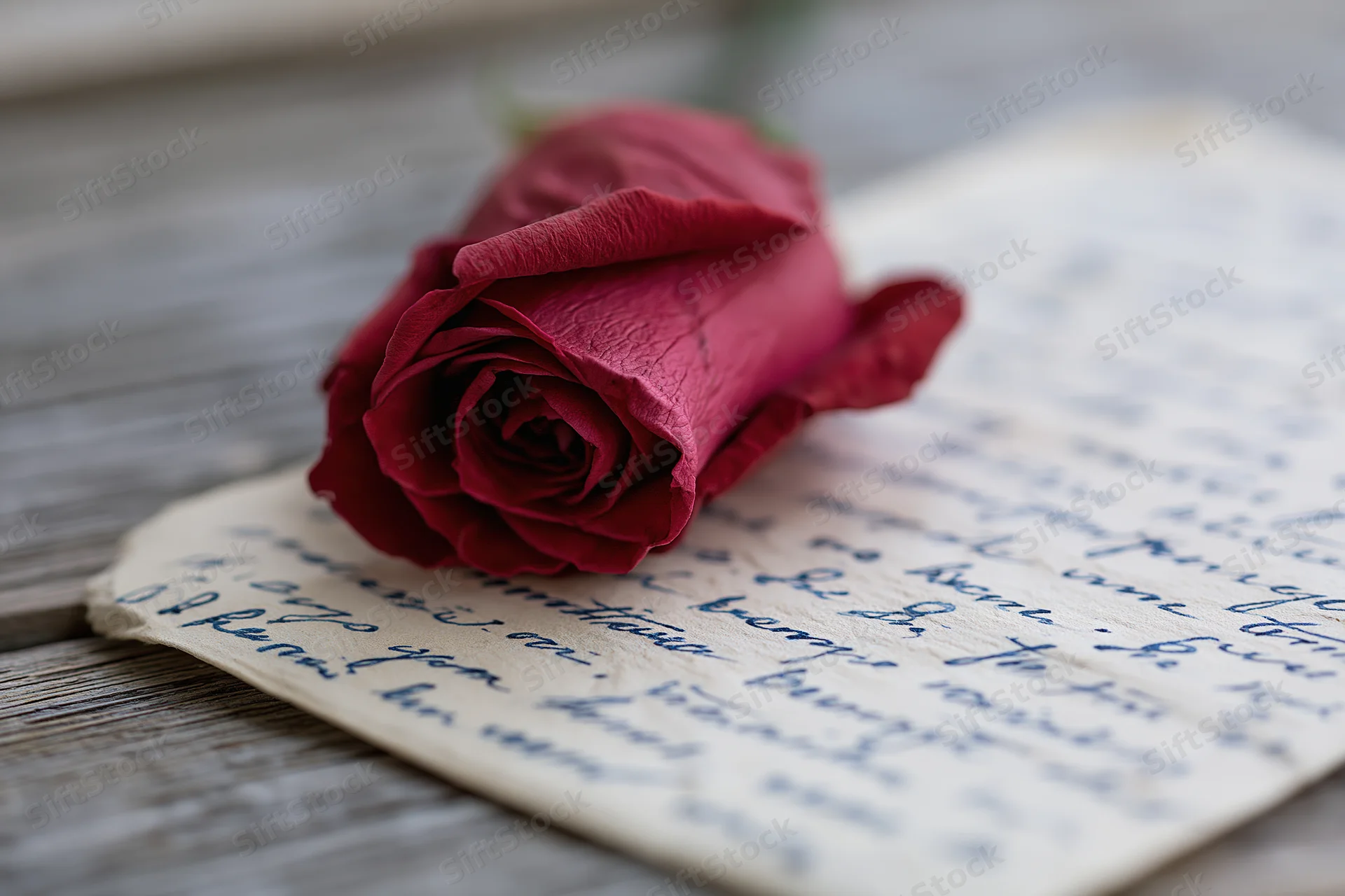 Deep red rose resting on a handwritten letter on wooden surface