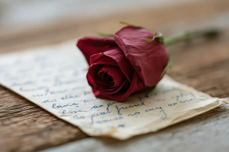 Deep red rose resting on handwritten letter on wooden surface