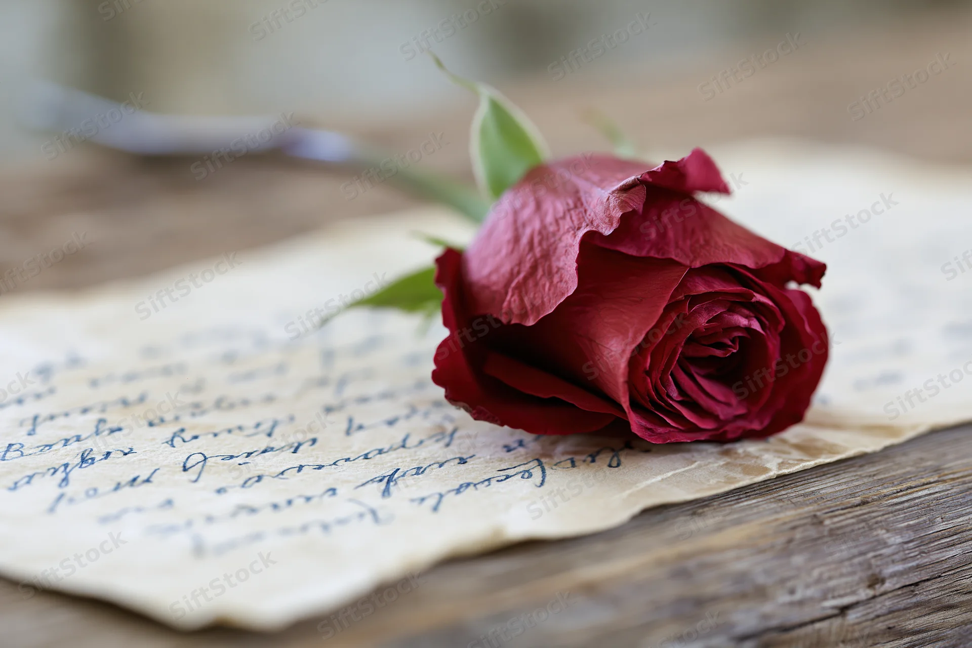 Deep red rose resting on a handwritten vintage letter on wooden surface