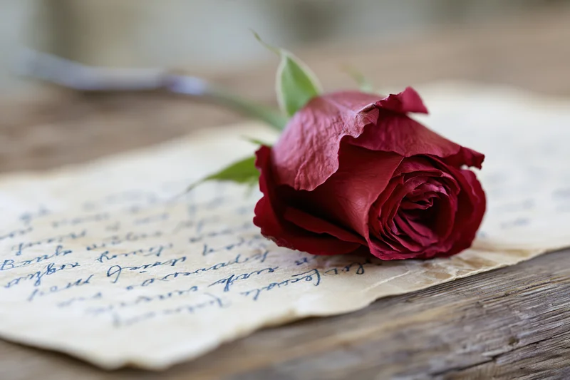 Deep red rose resting on a handwritten vintage letter on wooden surface