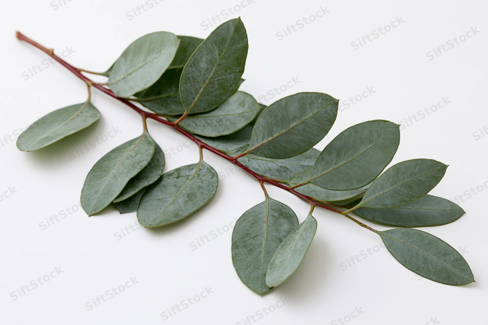 Eucalyptus branch with oval lance-shaped leaves on white background