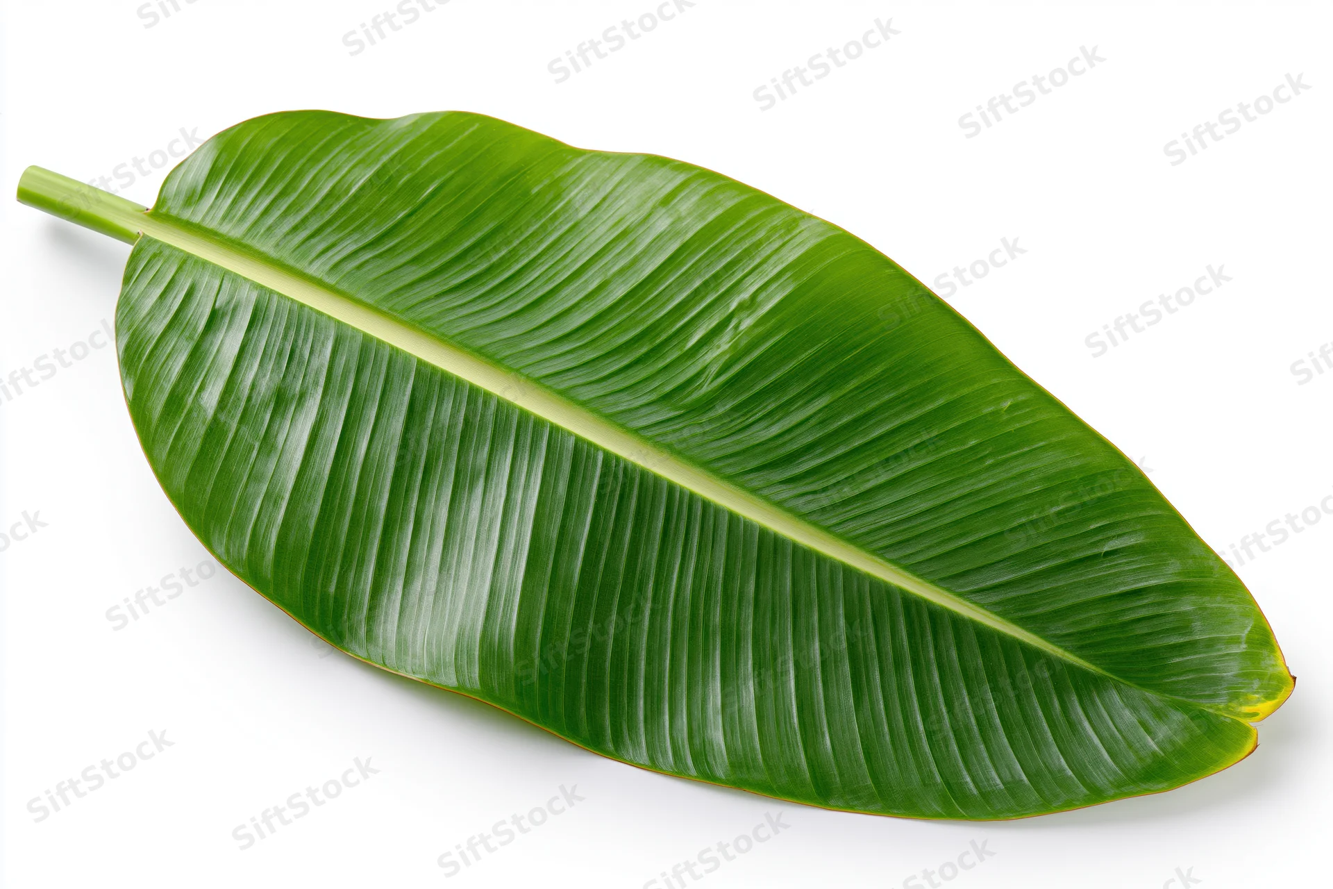 Single fresh banana leaf lying flat on white background viewed from above
