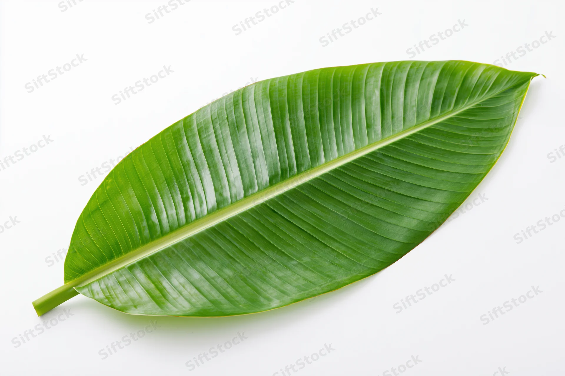 Single banana leaf lying flat on white surface viewed from above