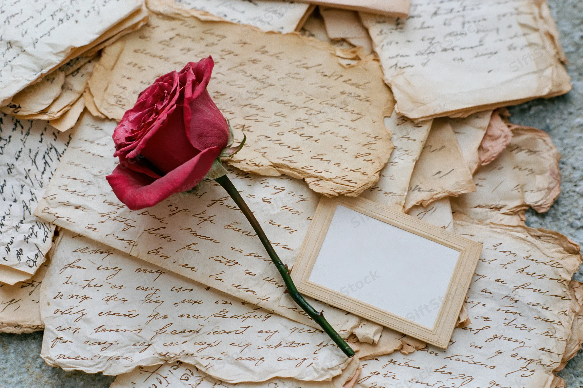 A single red rose resting on a pile of vintage handwritten letters with a blank wooden frame beside it