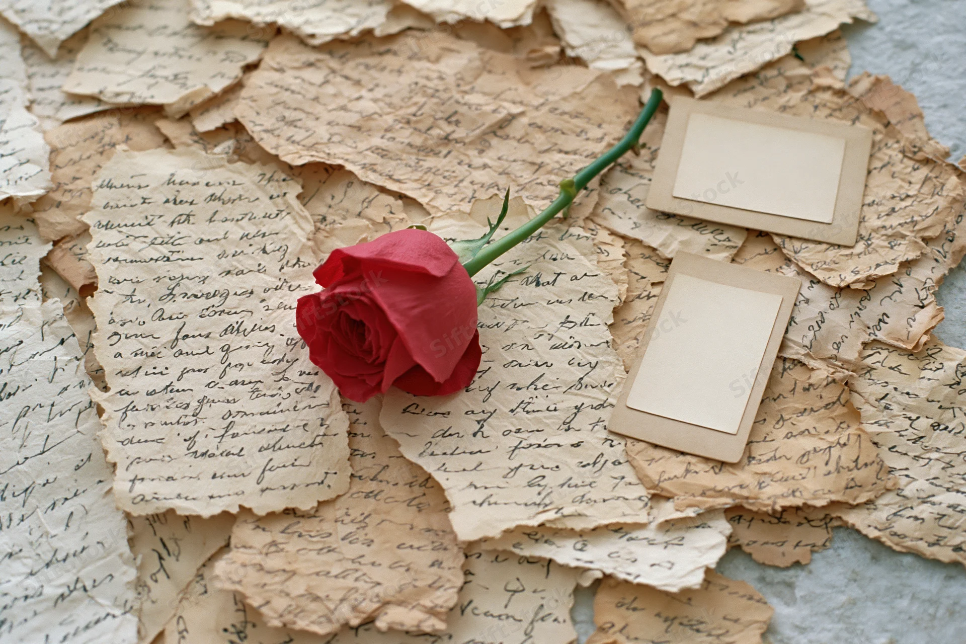 Red rose resting on scattered handwritten vintage letters with blank note cards nearby