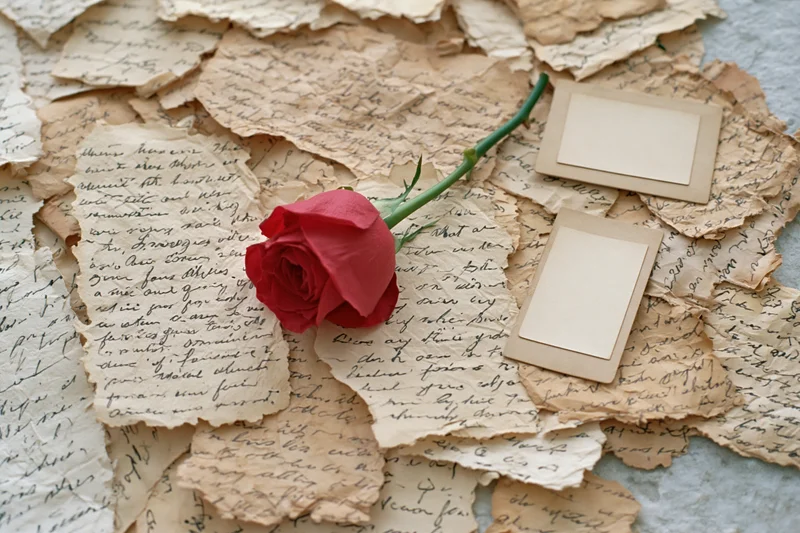 Red rose resting on scattered handwritten vintage letters with blank note cards nearby