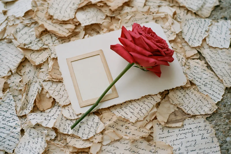 Red rose with green stem resting on scattered handwritten letters and a blank photo frame