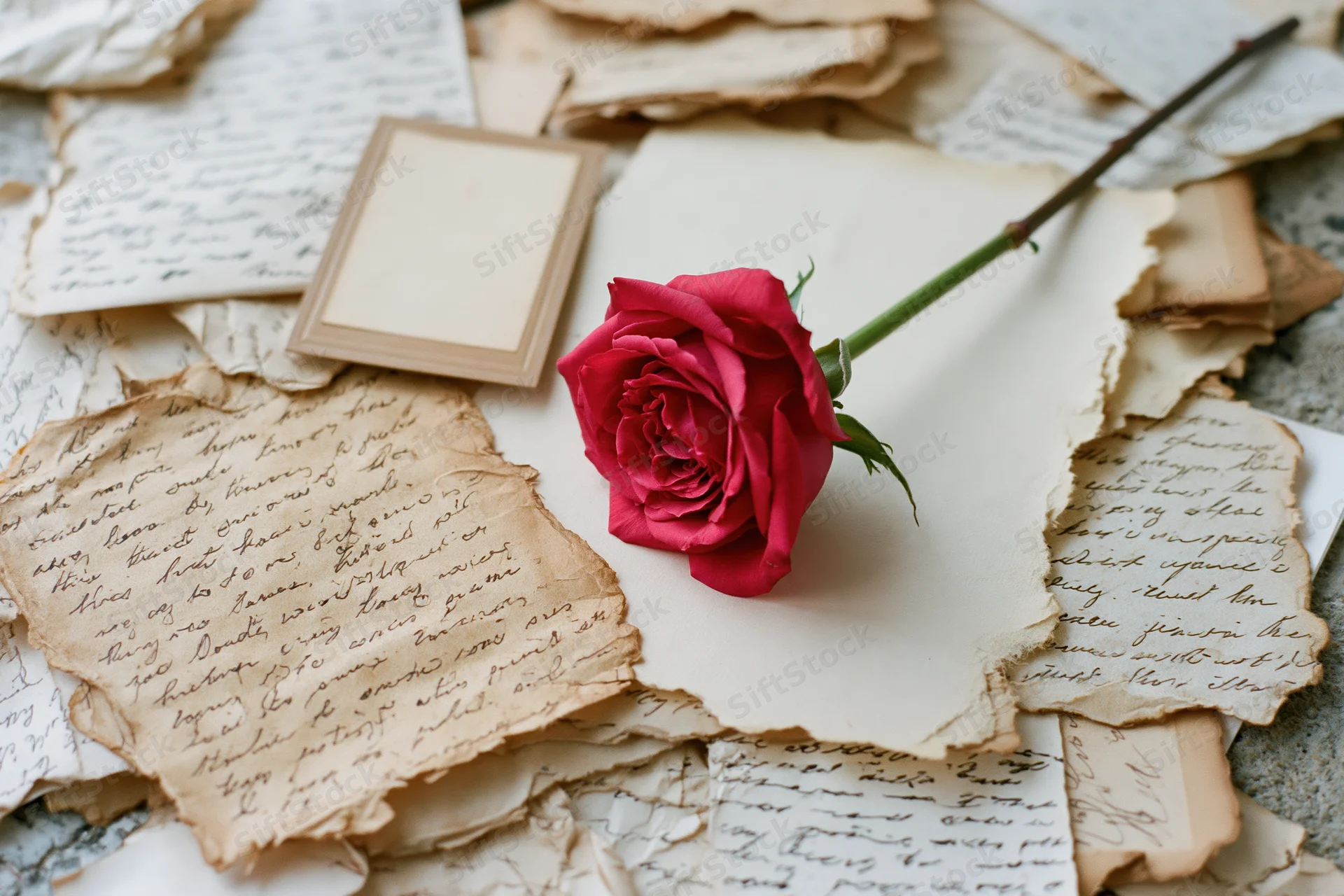 Red rose resting on scattered vintage handwritten letters and torn paper fragments