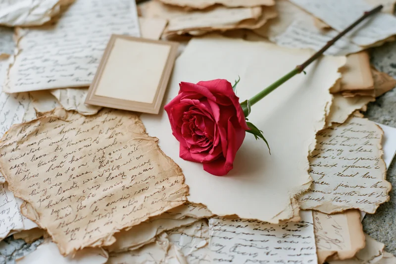 Red rose resting on scattered vintage handwritten letters and torn paper fragments