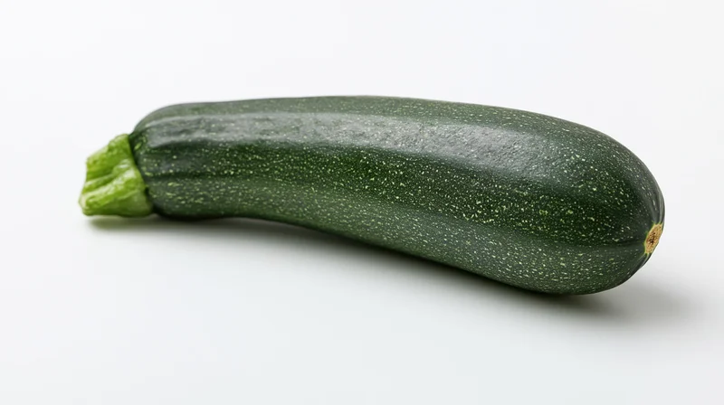 Single fresh zucchini lying horizontally on white background