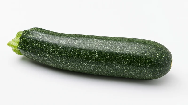 Single fresh zucchini lying horizontally on white background