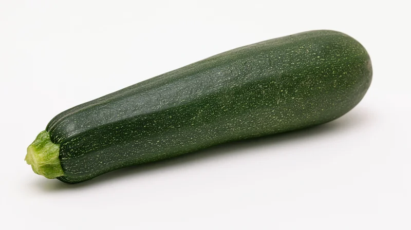 Single fresh zucchini lying horizontally on white background
