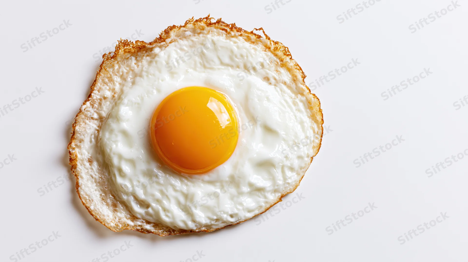 Fried egg sunny-side up on white background with copyspace