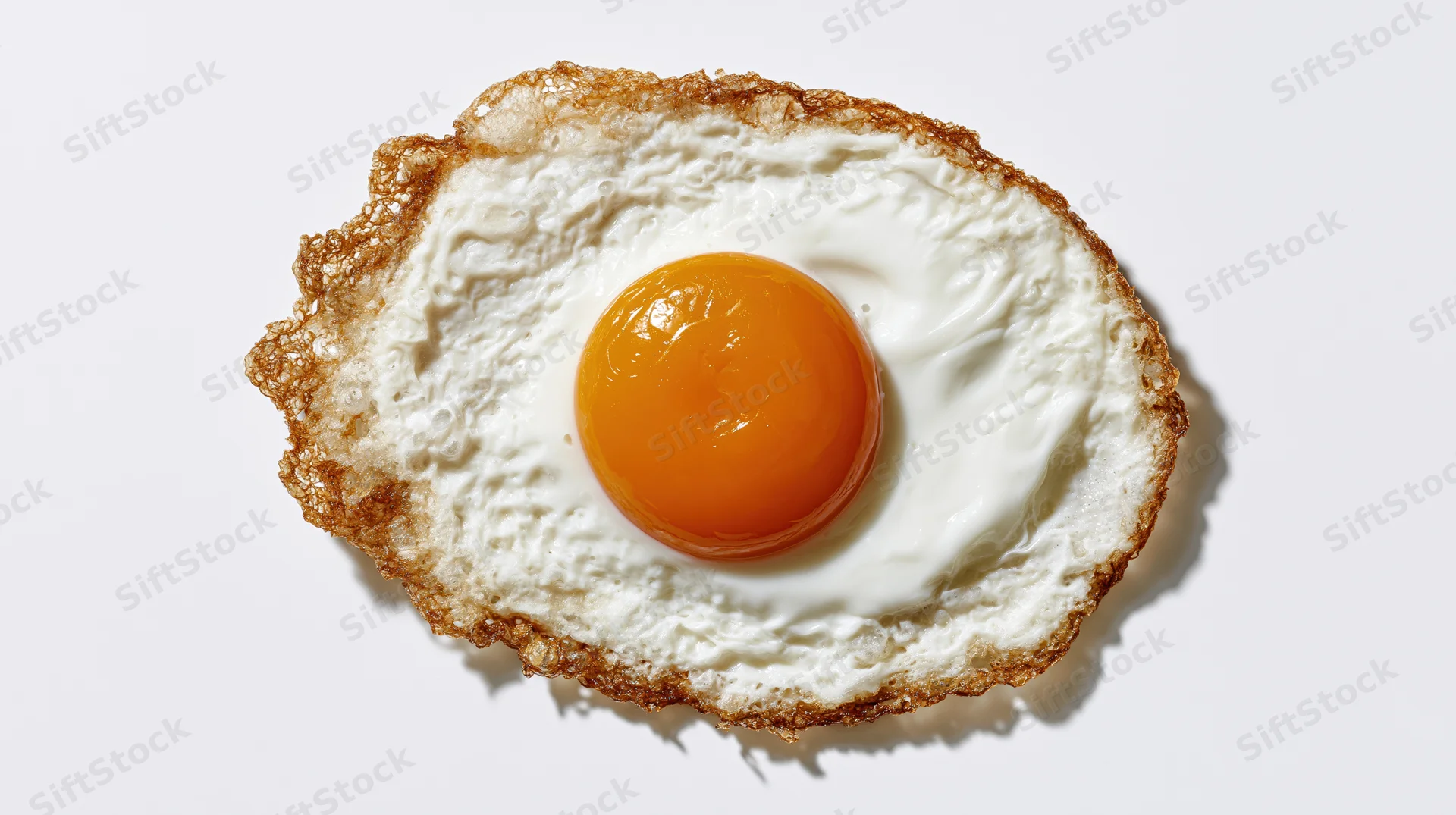 Fried egg sunny-side-up overhead flat-lay on white background