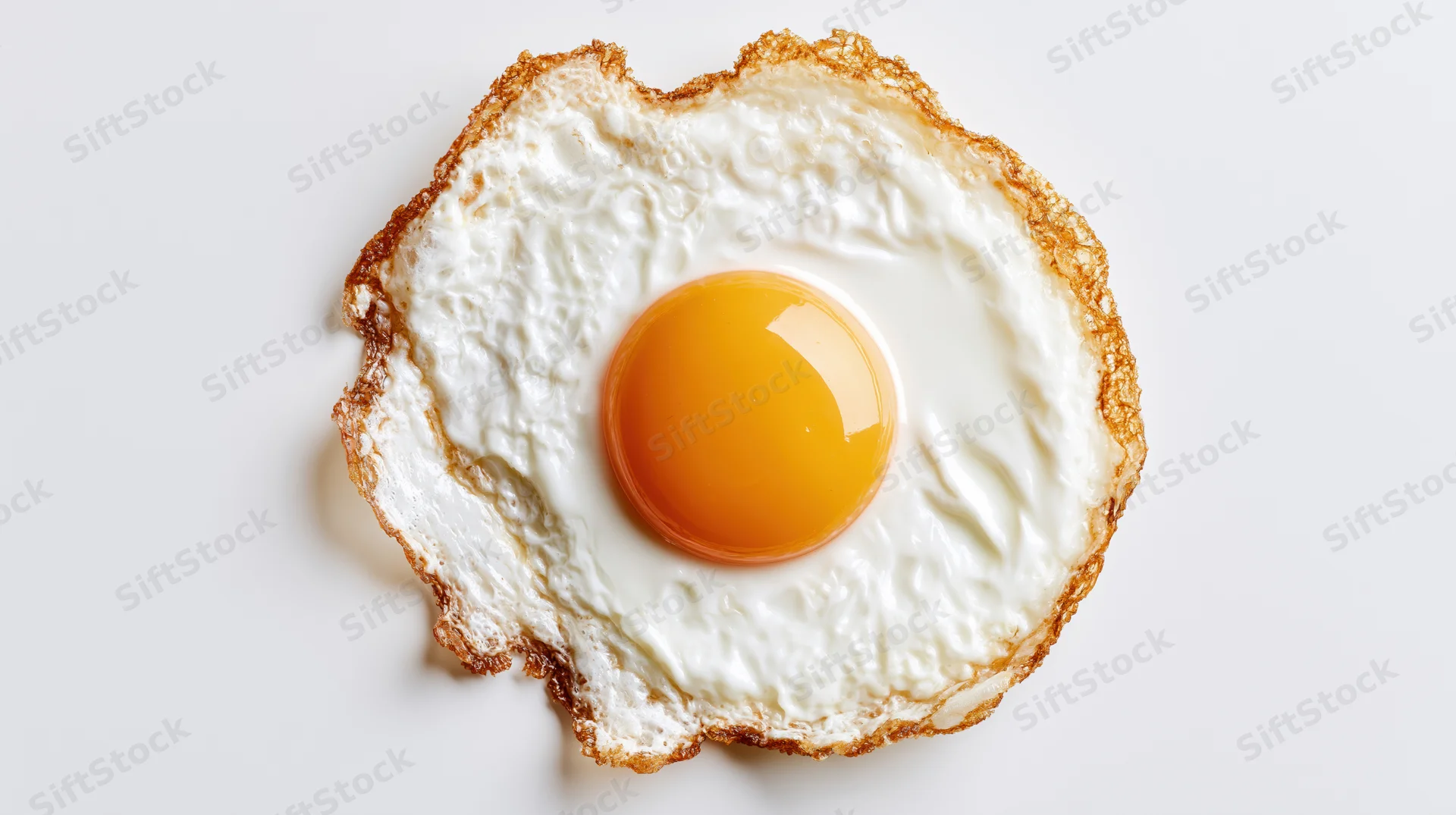 Single fried egg sunny-side up overhead flat-lay on white background