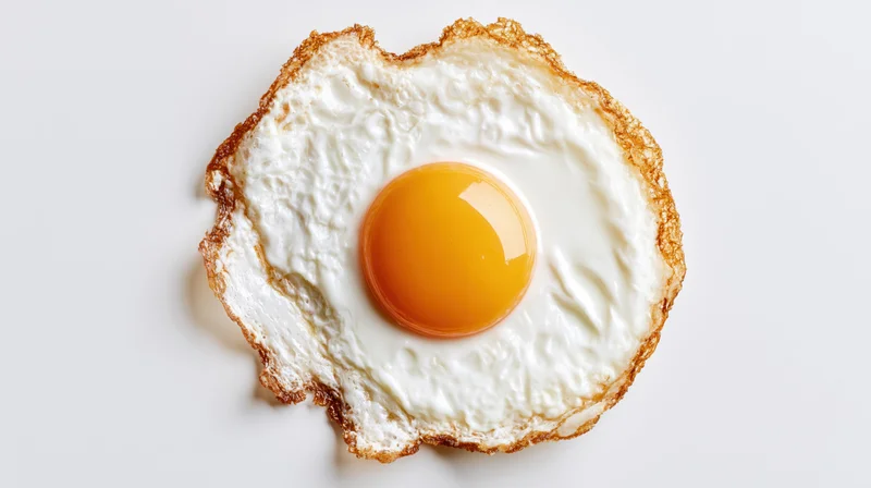Single fried egg sunny-side up overhead flat-lay on white background