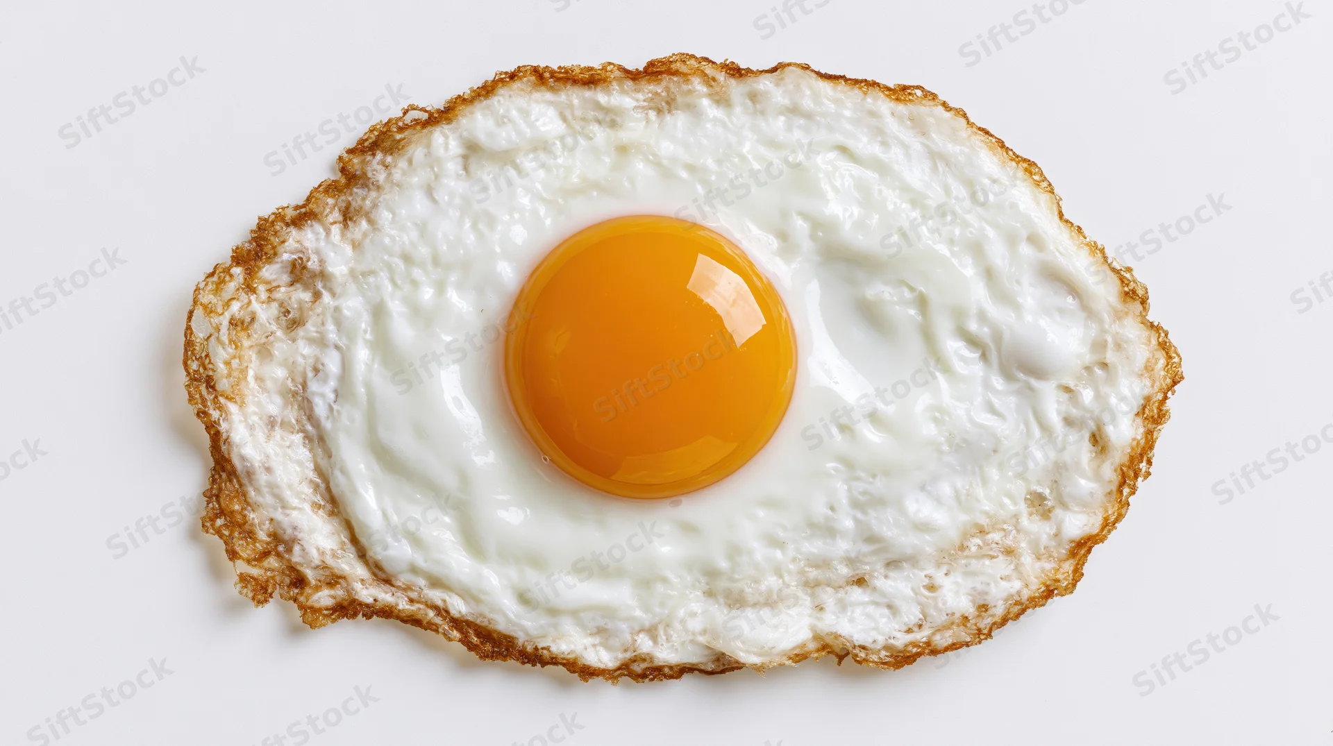 Fried egg sunny-side up overhead flat-lay on white background