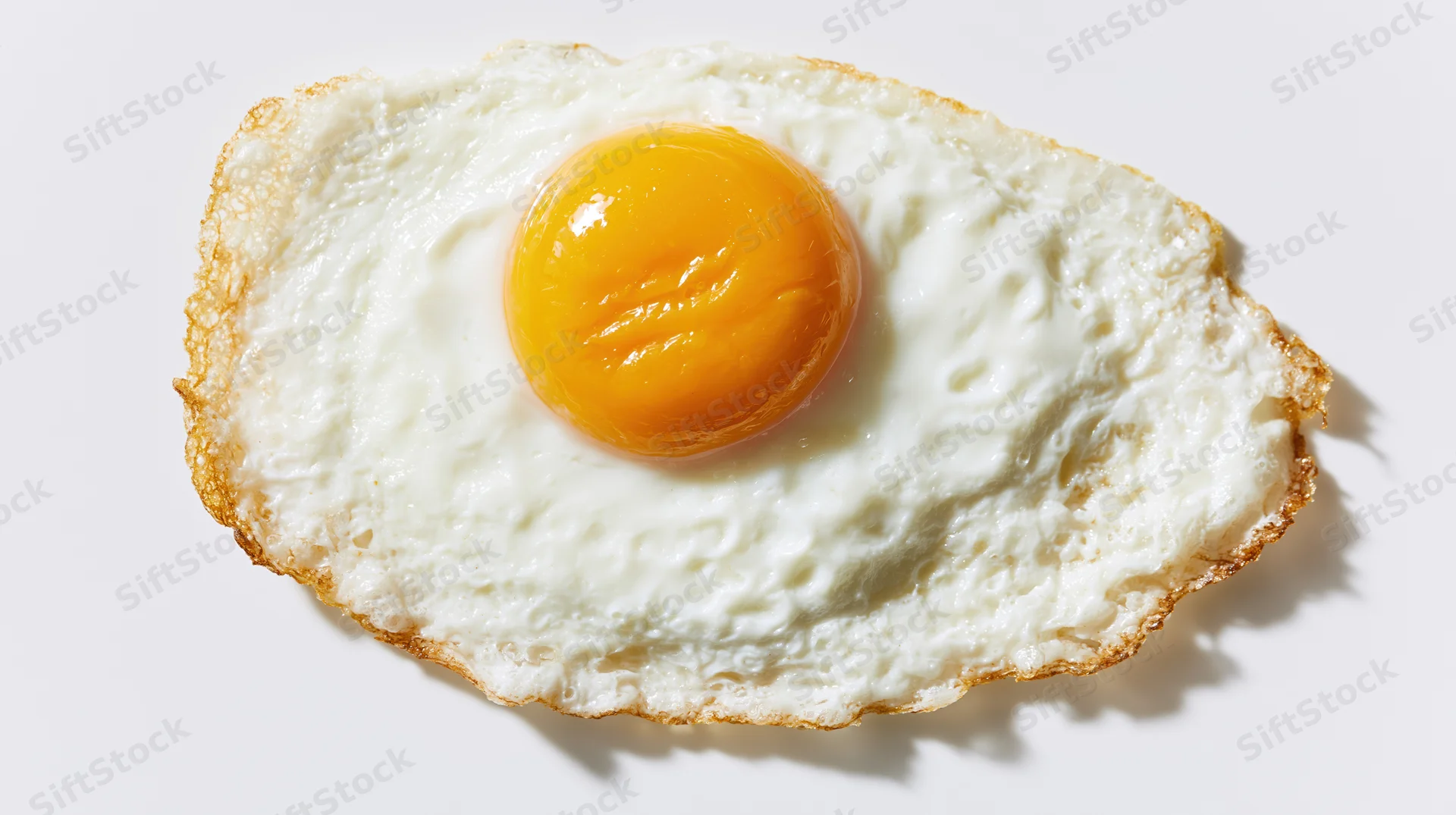 Fried egg sunny-side up viewed from directly overhead on white background