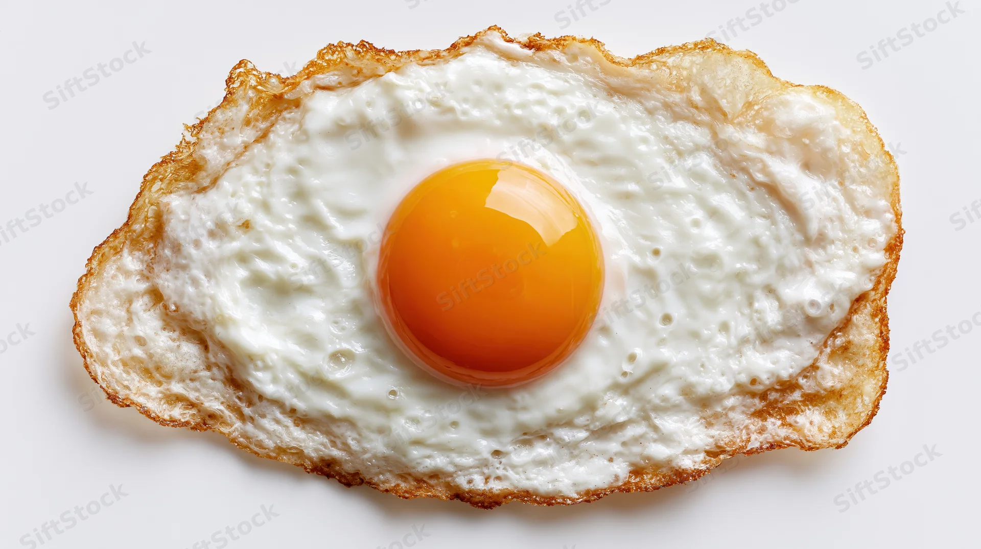 Fried egg sunny-side up viewed from directly above on white background