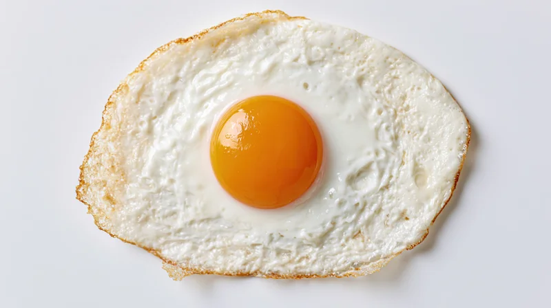 Single fried egg sunny-side up on white surface viewed from directly above